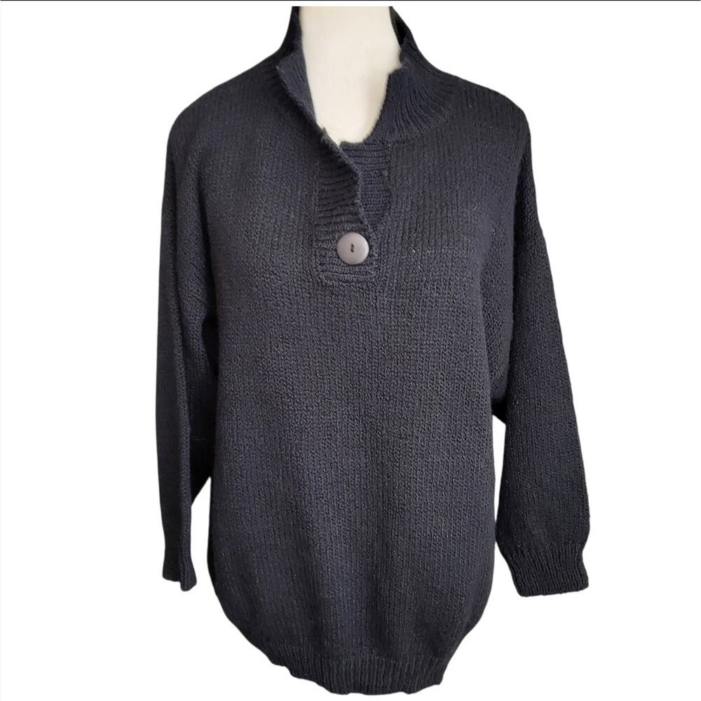 NWT 80s Vintage NuNu Sport Black Chunky Knit Collared Preppy Polo Sweater Sz38